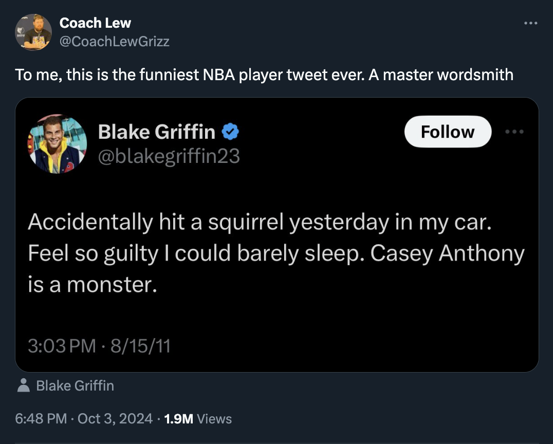 screenshot - Coach Lew To me, this is the funniest Nba player tweet ever. A master wordsmith Blake Griffin Accidentally hit a squirrel yesterday in my car. Feel so guilty I could barely sleep. Casey Anthony is a monster. 81511 Blake Griffin 1.9M Views